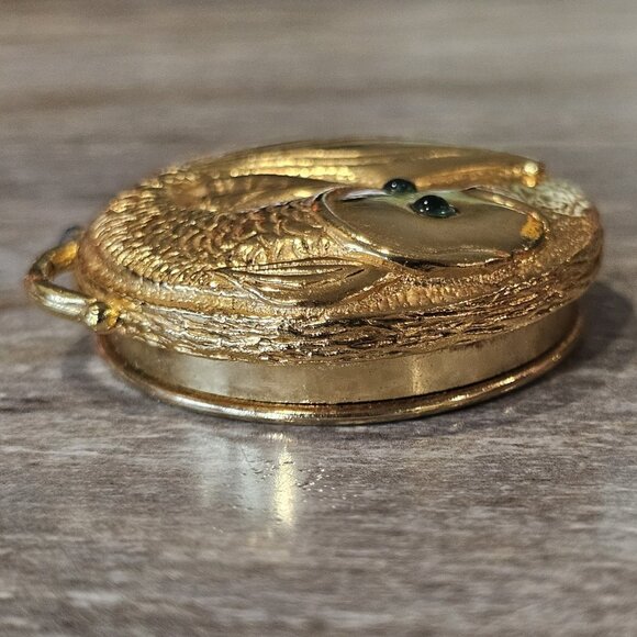 VTG Compact For Perfume Balm Koi Fish Green Rhinestone EMPTY Gold Tone 1 5/8" - Picture 4 of 9